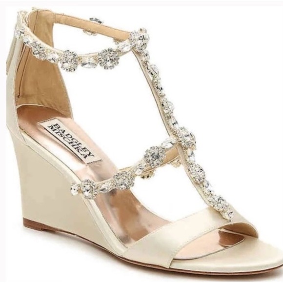 Badgley Mischka Embellished Jewel Heel Satin Wedge Ivory Cream US 8 Formal Party - Picture 2 of 7